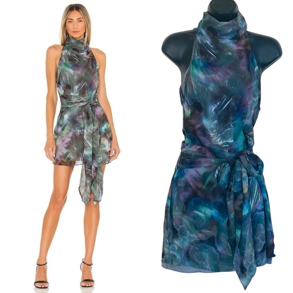 Amanda Uprichard Sandrine Black Pearl Print High Neck Halter Mini Dress Sz S